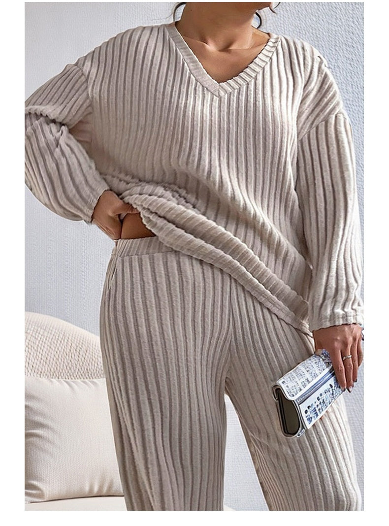 European And American Solid Color Fashion Straight-leg Pants Suit Sunken Stripe Texture Two-piece Set