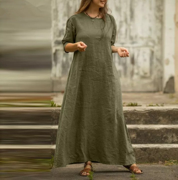 Cotton And Linen Temperament Pure Color  Summer Dress