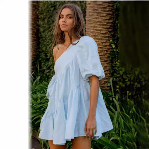 Casual Loose Off-the-shoulder Puff Sleeves Stitching Short Sleeve Dress