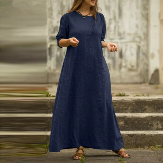 Cotton And Linen Temperament Pure Color  Summer Dress