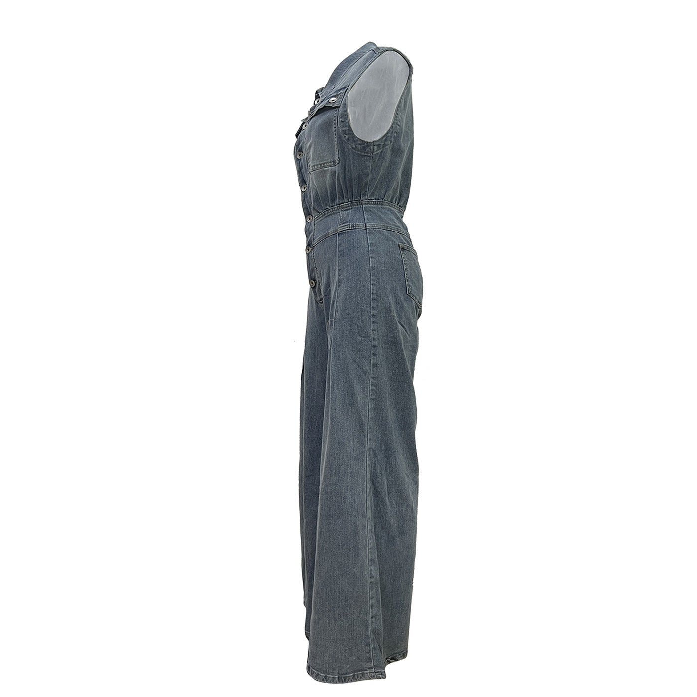 Leisure Washed-out Sleeveless Denim One-piece Wide-leg Pants Women