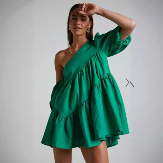 Casual Loose Off-the-shoulder Puff Sleeves Stitching Short Sleeve Dress