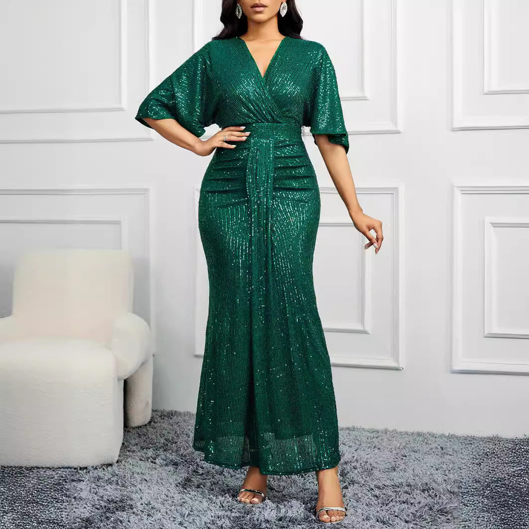 High Waist V-neck Pure Color Sequins Shoulder Sleeve Dress Women's Long Formal Dress