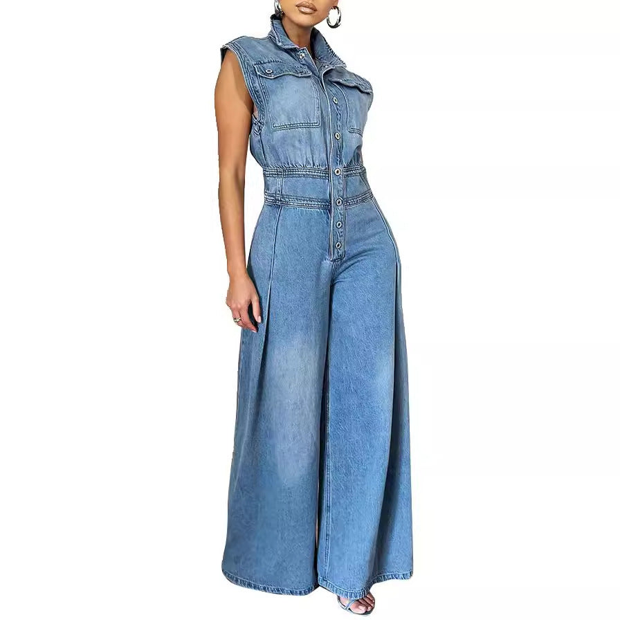 Leisure Washed-out Sleeveless Denim One-piece Wide-leg Pants Women