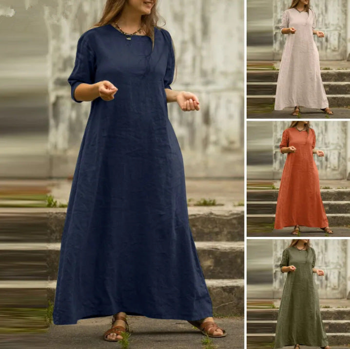 Cotton And Linen Temperament Pure Color  Summer Dress