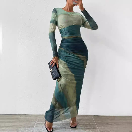 Tie-dyed Long Sleeve Slim Fit Hot Girl Long Dress Women