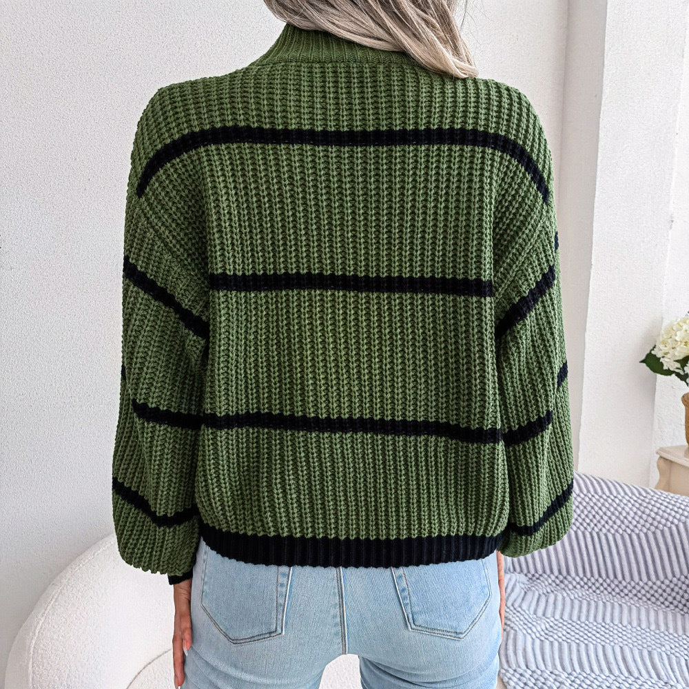 Knitted Sweater Half Turtleneck Pullover Sweater Women's Outer Wear Amazon Striped Contrast Color Fashion