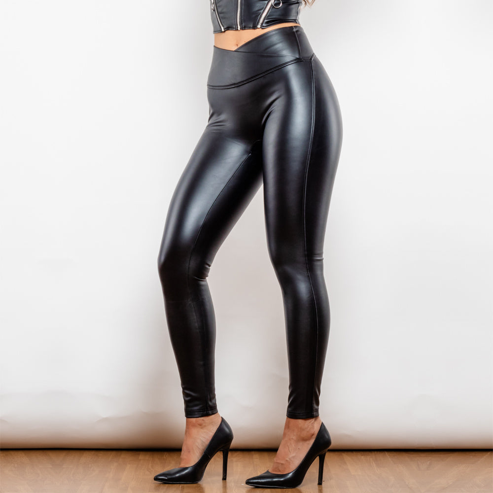 Shascullfites Melody X Cross Matt Black High Waist Leather V Shape Leggings Vegan Leather Leggings Women's Pants