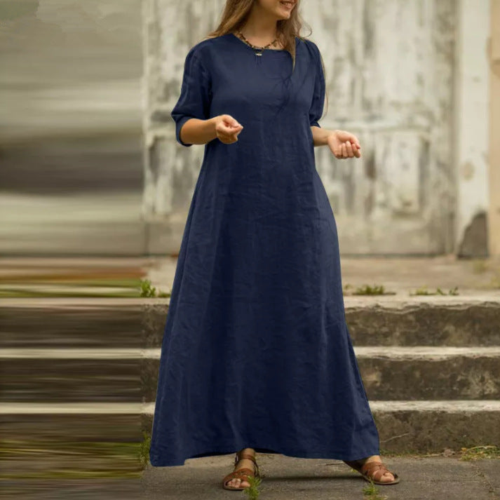 Cotton And Linen Temperament Pure Color  Summer Dress